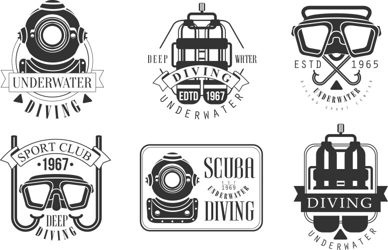 Underwater diving retro logo templates set deep vector image