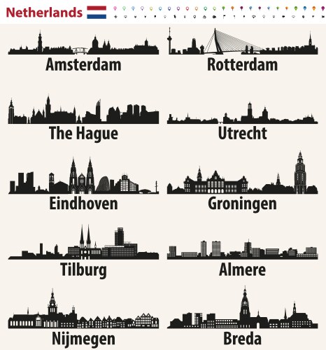 Netherlands largest cities skylines silhouettes vector image