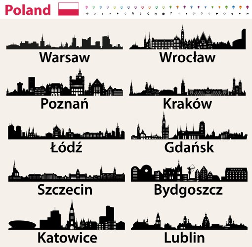 Poland largest cities skylines silhouettes set vector image