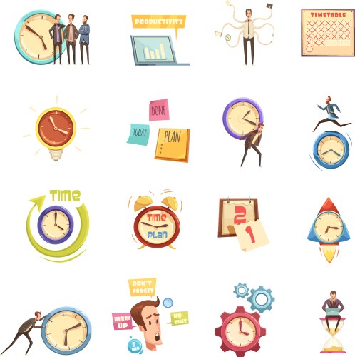 Time management retro cartoon icons set vector image