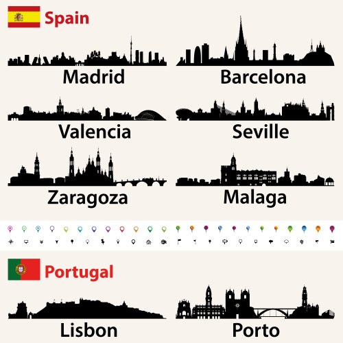 Spain and portugal largest cities skylines vector image