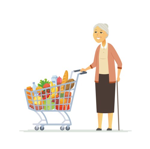 Senior woman with a shopping cart - cartoon people vector image