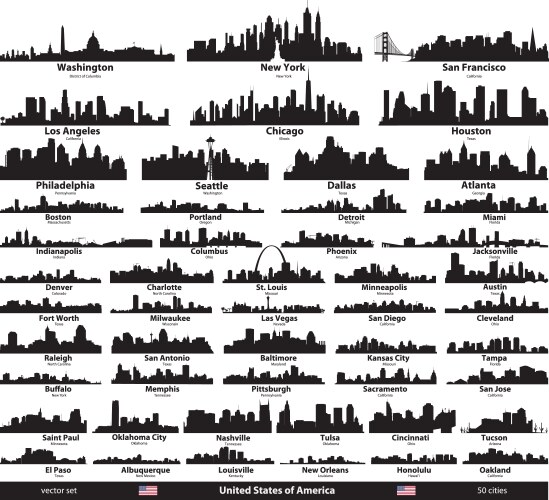 set of united states cities skylines silhouettes vector image