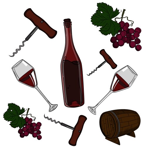 Hand drawn set - wine and winemaking vector image