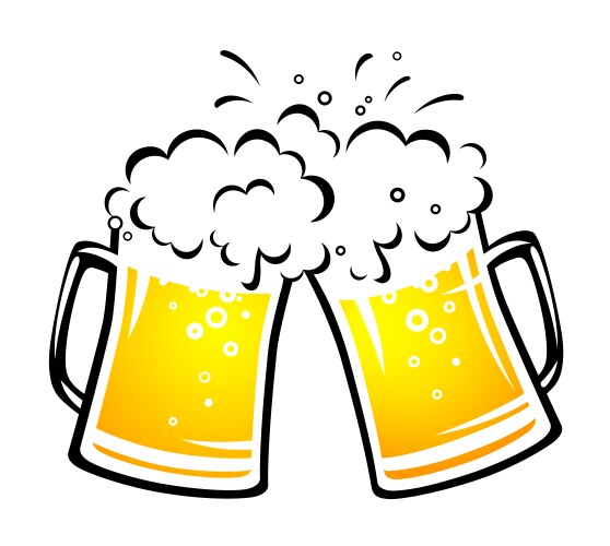 Two bright beer mugs with foam and droplets vector image