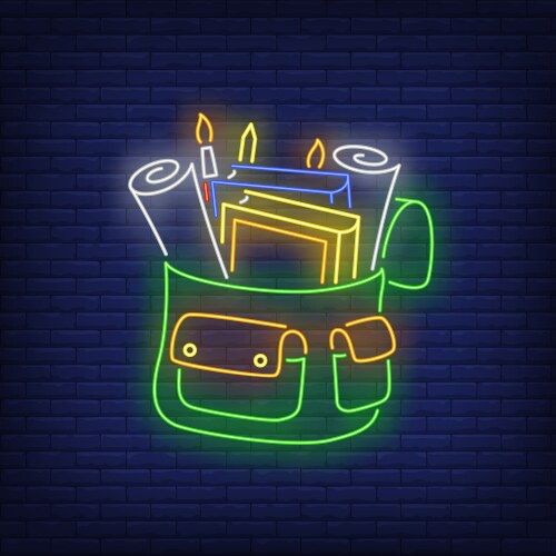 Backpack with stationery neon sign vector image