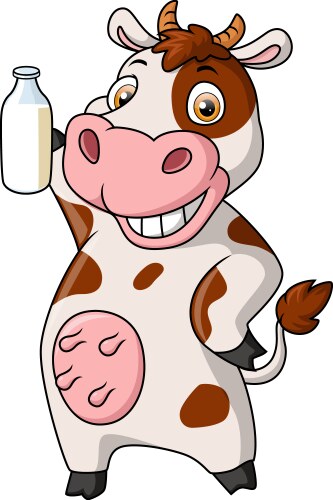 Cute cow cartoon holding milk bottle vector image