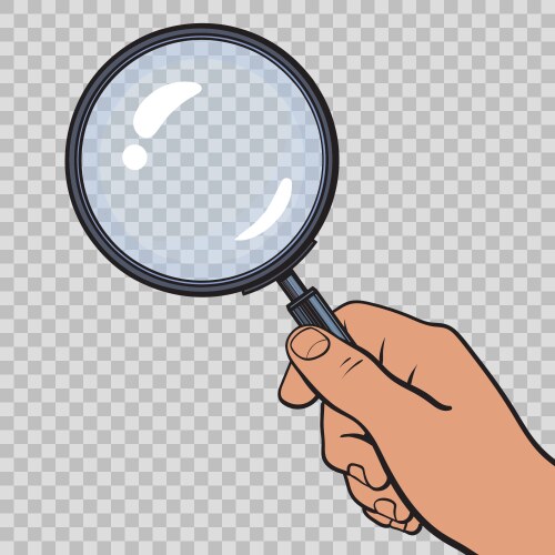 Hand holding magnifying glass on transparent vector image