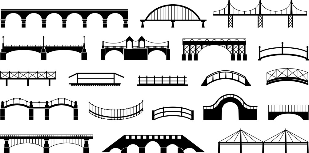 Black bridges silhouettes isolated bridge icons vector image