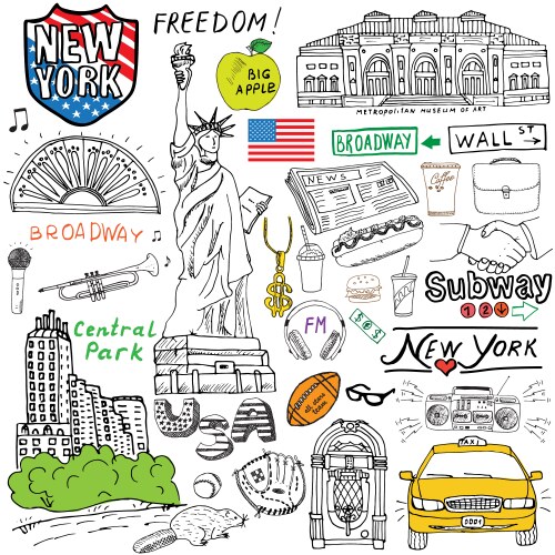 New york city doodles elements hand drawn set vector image