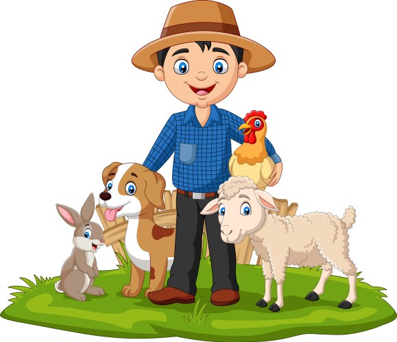 Farmer with farm animals in grass vector image