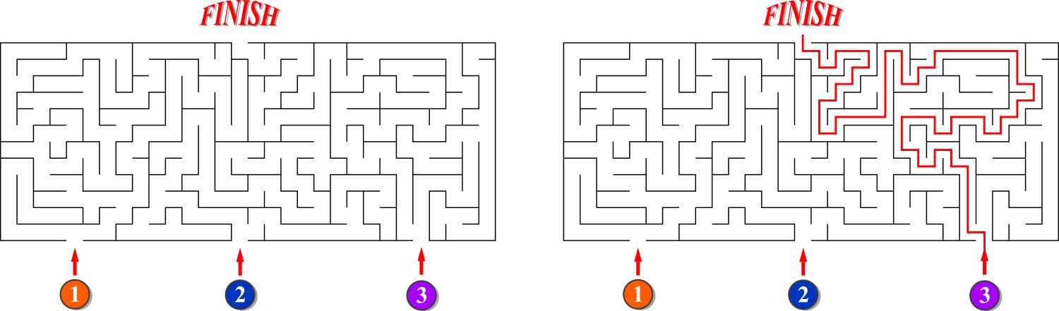 Labyrinth with three entrances find the right way vector image