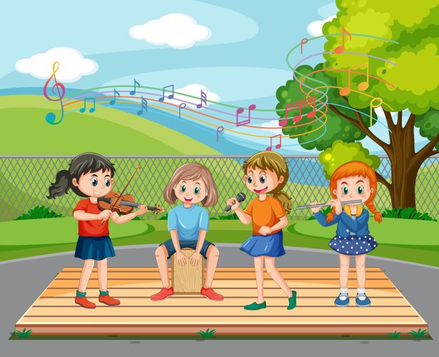 Kids playing music in the park vector image