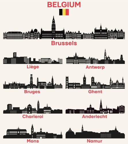 Belgium cities skylines silhouettes set vector image