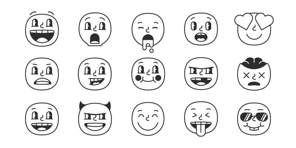 black and white smile set emoji faces trendy pack vector image