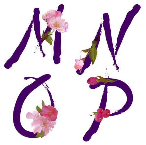 Spring alphabet with gentle sakura flowers mnop vector image