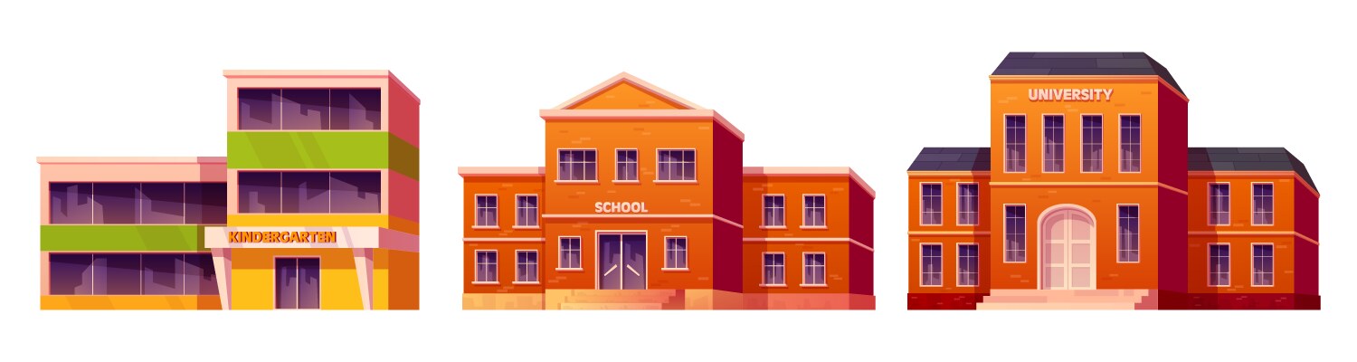 Kindergarten school and university building set vector image