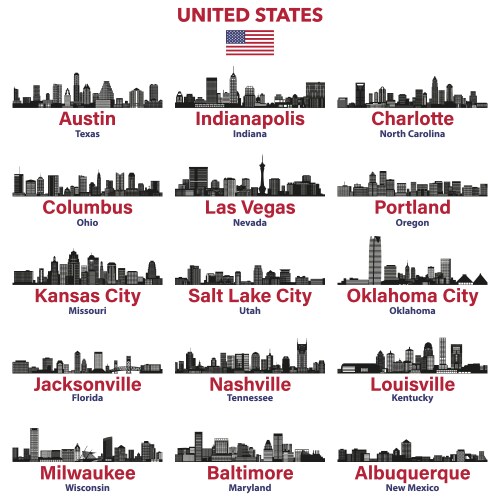 united states cities skylines silhouettes set vector image