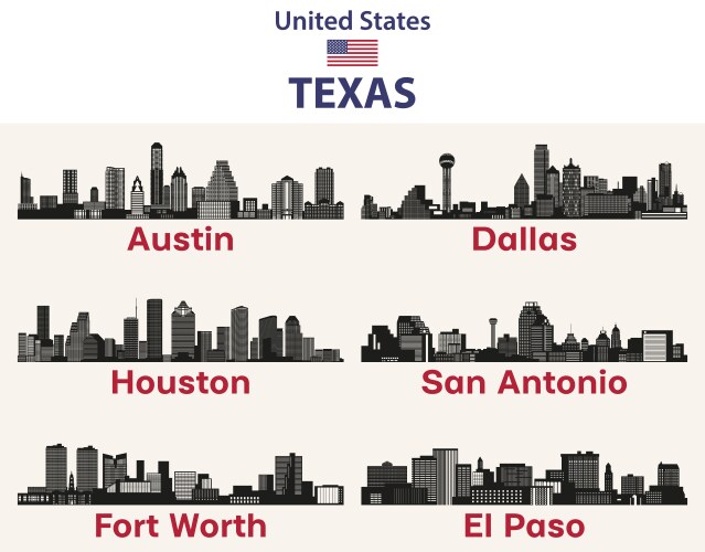 texas cities skylines silhouettes set vector image