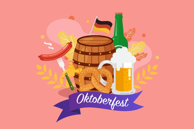 Oktoberfest banner with beer barrel sausage vector image