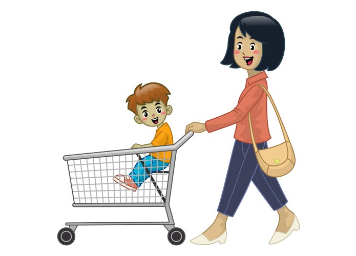 Mother and children hold shopping cart vector image