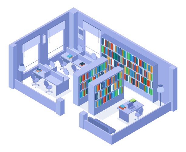 school or university isometric library bookshelves vector image