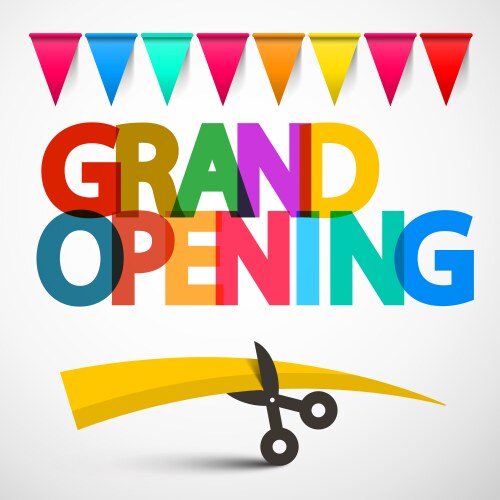 Grand opening colorful title with scissors ribbon vector image