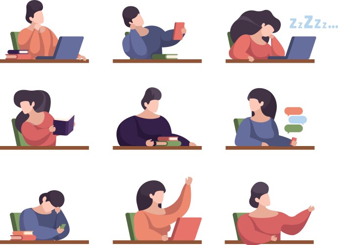 Lazy students people in lecture room with laptop vector image