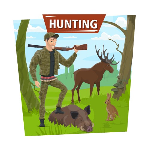 hunter in forest with wild animals trophy vector image