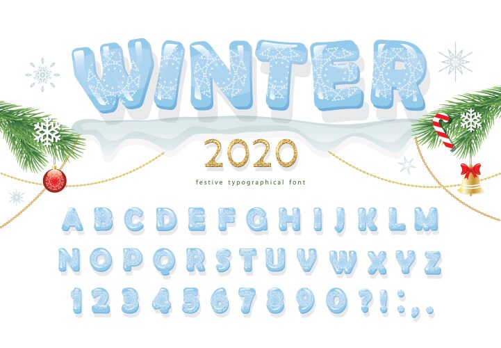 Christmas ice decorative font new year 2020 vector image