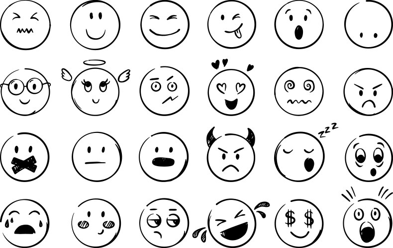 Doodle emoticons emotional faces hand drawn style vector image