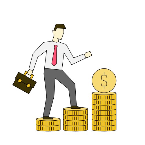 Businessman walking up stacks coins business vector image