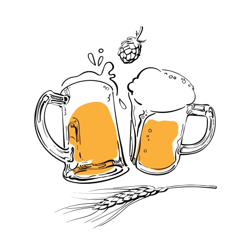 sketch of two toasting beer mugs barley or wheat vector image