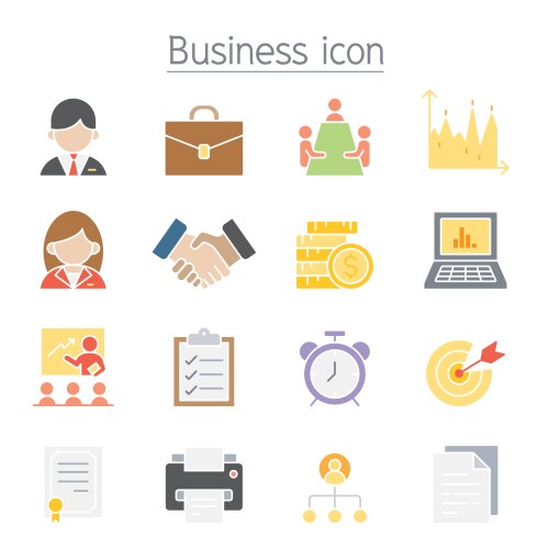 Business management icon set in flat color style vector image