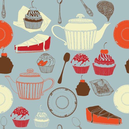 Tea and cakes seamless pattern vector image