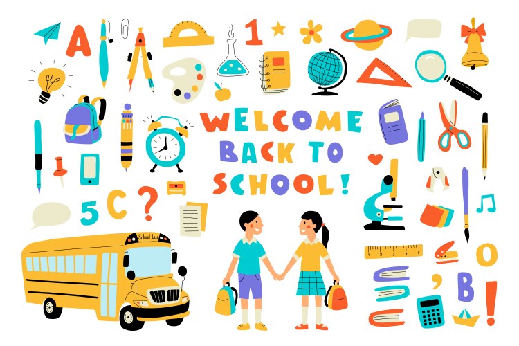 Welcome back to school cute doodle colorful set vector image