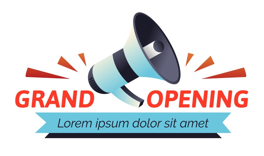 grand opening logo with blue and grey loudspeaker vector image