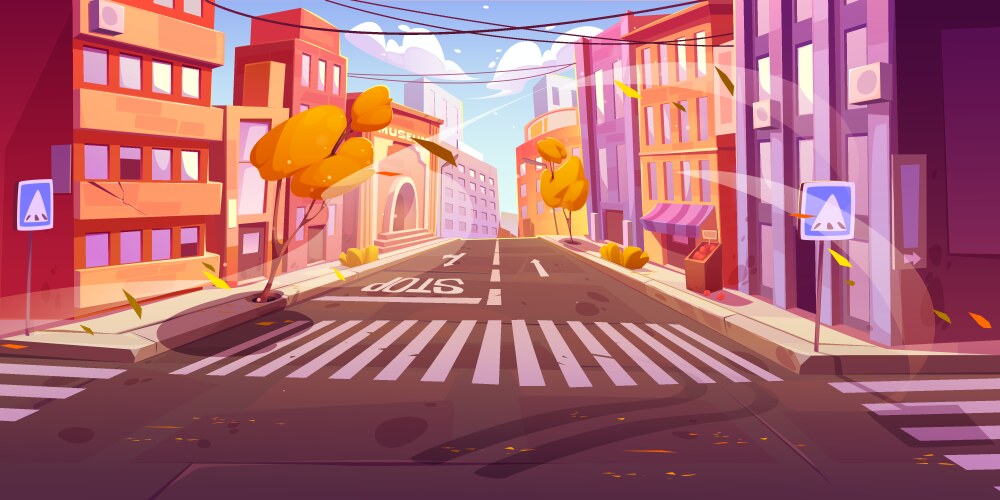 Autumn city crossroad with wind cityscape vector image