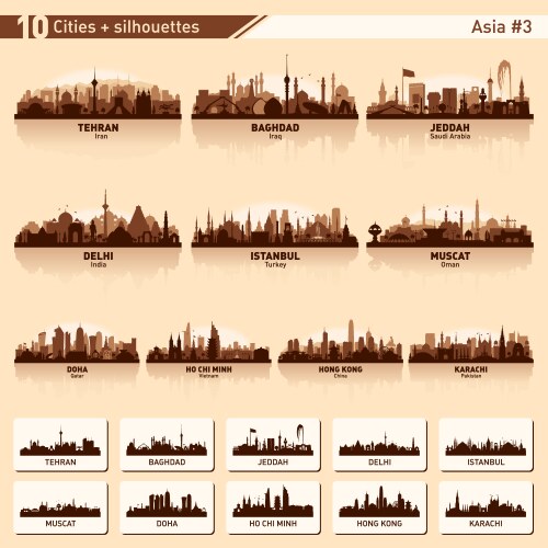 city skyline set 10 silhouettes of asia 3 vector image