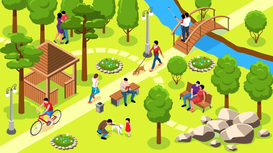 Isometric park people composition vector image