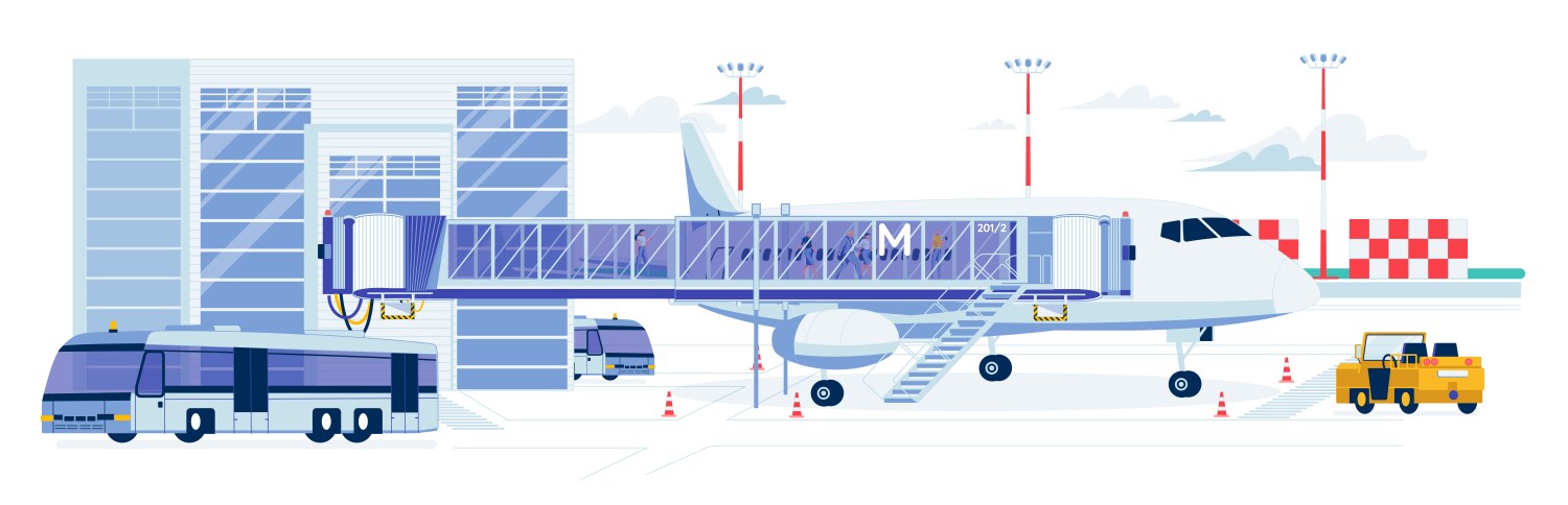 airport building with landed airplane and vehicle vector image