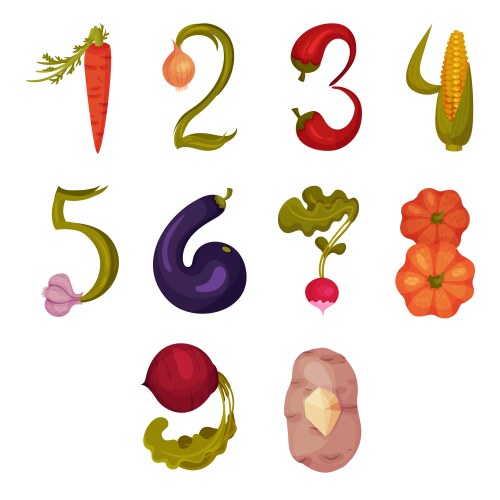 Numbers made fresh juicy vegetables set vector image