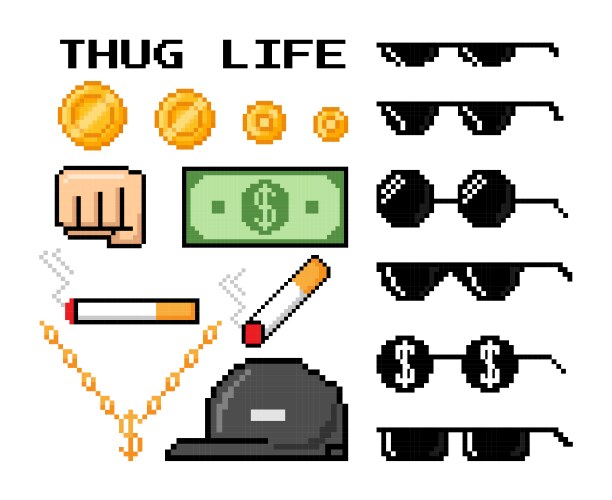 Pixel art thug life boss gangster elements vector image