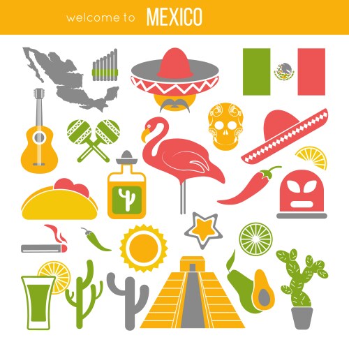 Set of mexico travel symbols mexican flat vector image