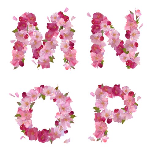 Spring alphabet with cherry flowers mnop vector image