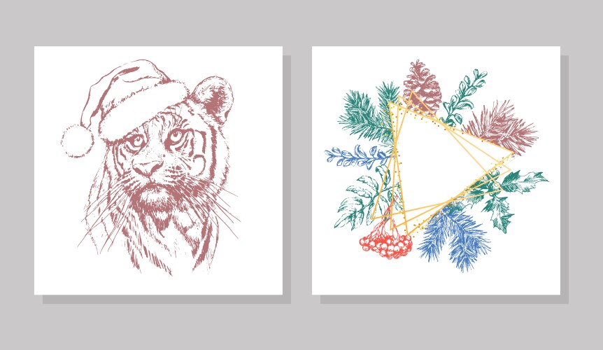 tiger in christmas hat print on a postcard vector image