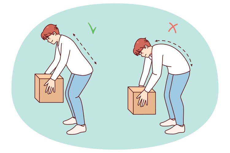 Correct technique of lifting heavy box vector image