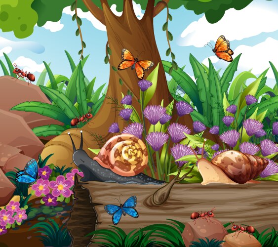 Background scene with snails and butterflies vector image