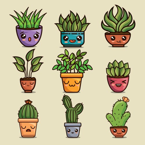 Cute lovely kawaii house plants cartoons vector image