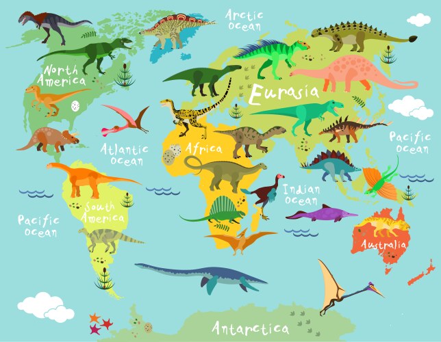 dinosaurs map of the world vector image